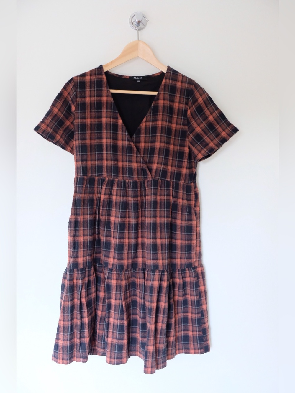 Madewell Rust and Black Plaid Tiered Mini Dress Size XXS